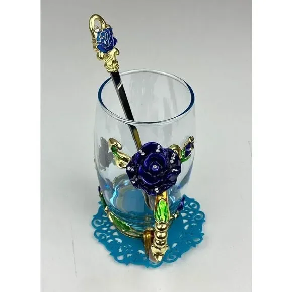 ARC of France Glass Tea Cup w/ Enamel Rose Flower Butterfly, Spoon & Doily BB144 - Picture 6 of 10